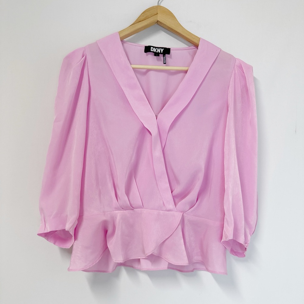 Womens Pink Surplice V Neck Shirred Shoulder Peplum Top Size S